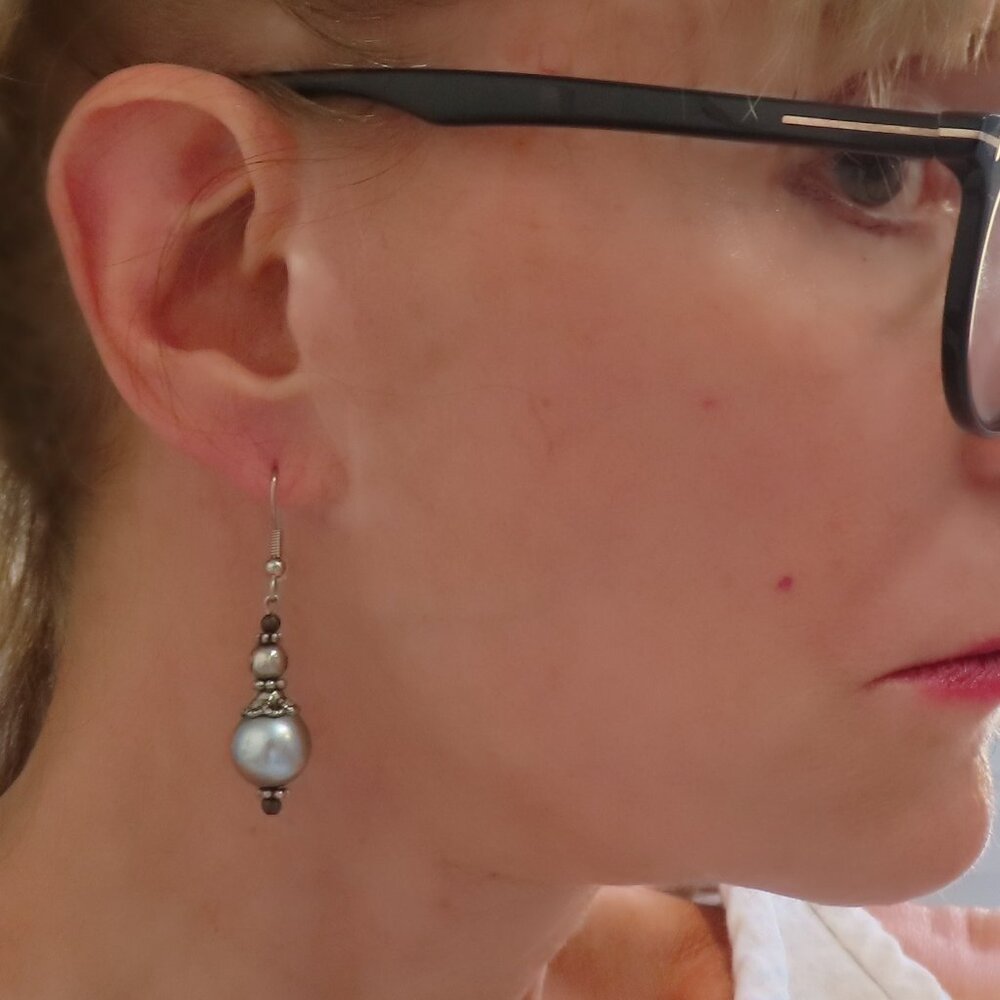 Blue Silver Finish Ball drop earrings